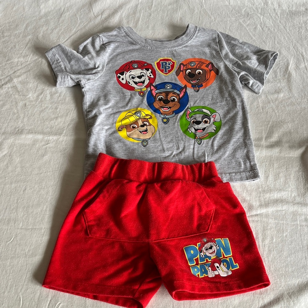 2T Paw Patrol Kids Gray T-Shirt and Red Shorts Set